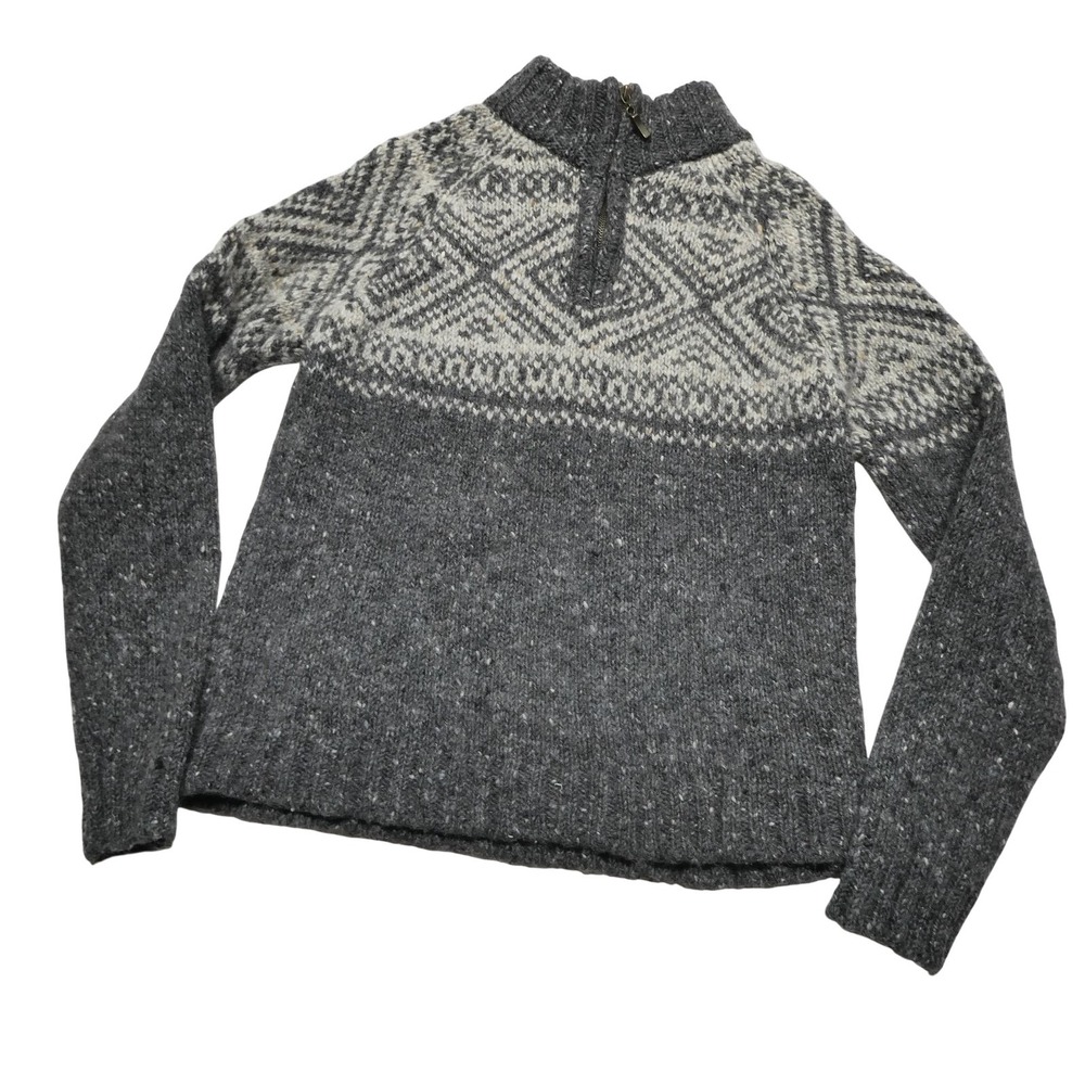 Inis Crafts Sweater Womens M Gray Wool Fair Isle 1/4 Zip Mock Neck Chunky Knit